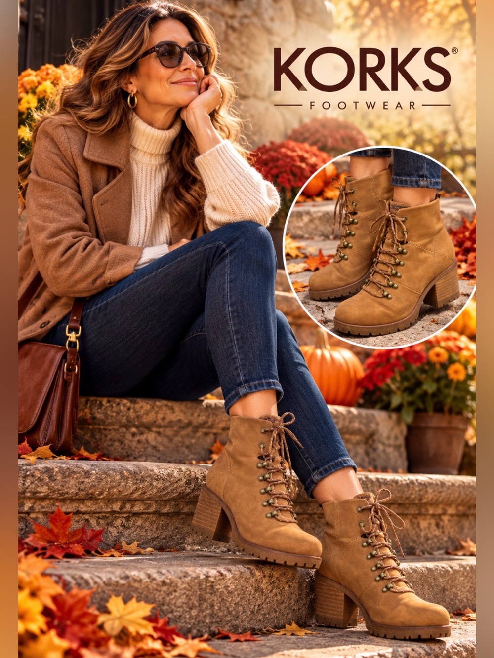 KORKS Tan Lace Up Hiker Block Heel Lug Sole Boots 7.5 M
